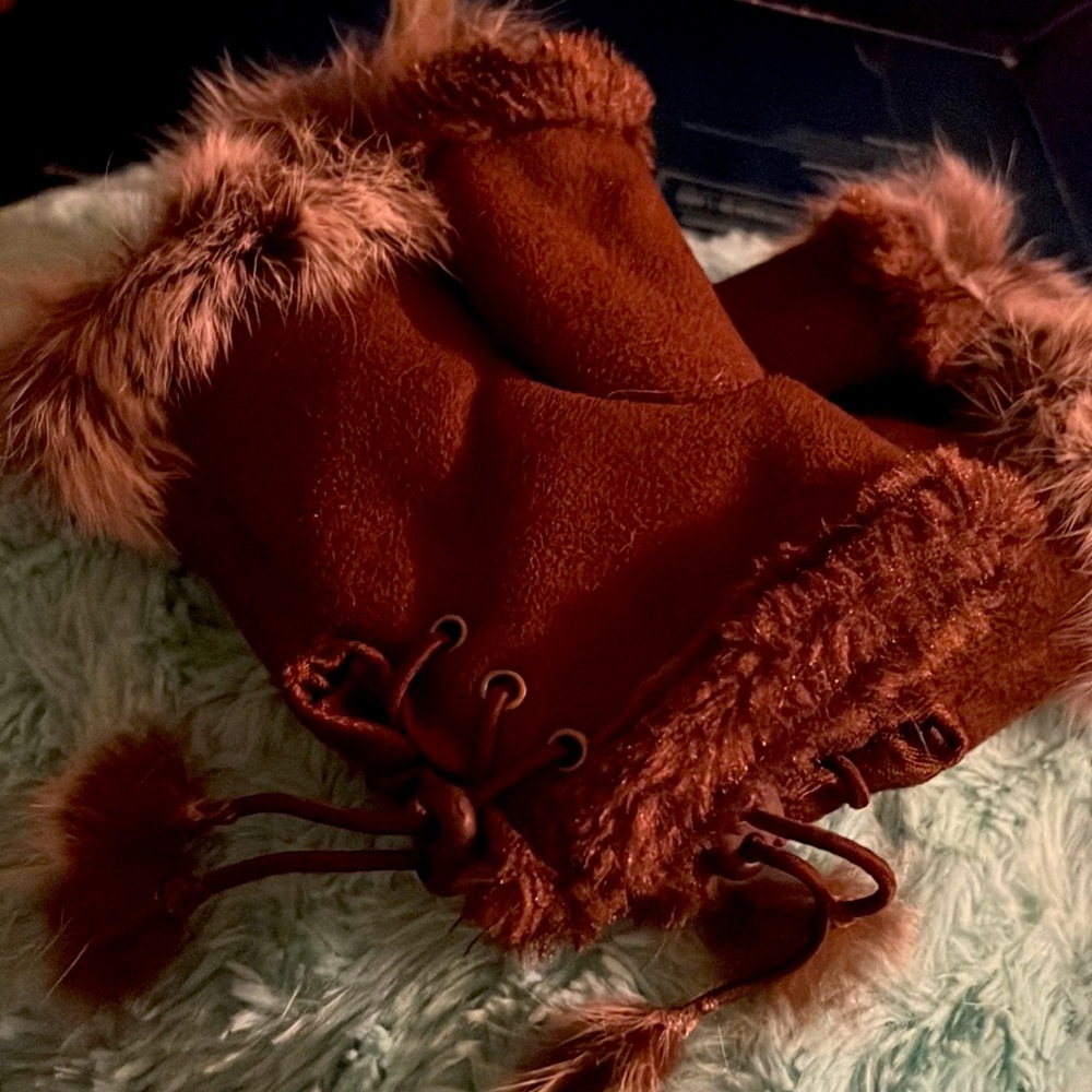 ADRIENNE LANDAU Brown Real Fur Gloves